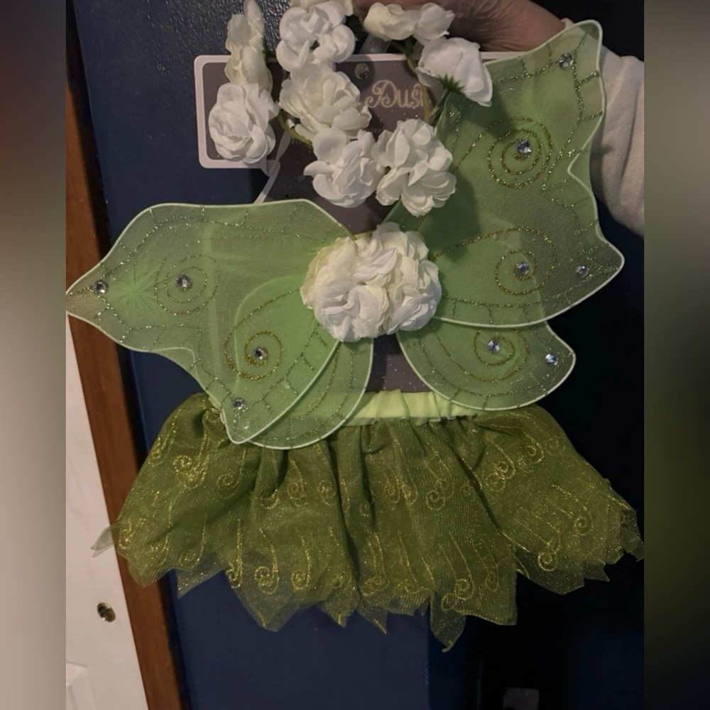 Fairy Dog Costume Green Tutu Dress Wings Flower Crown Size L